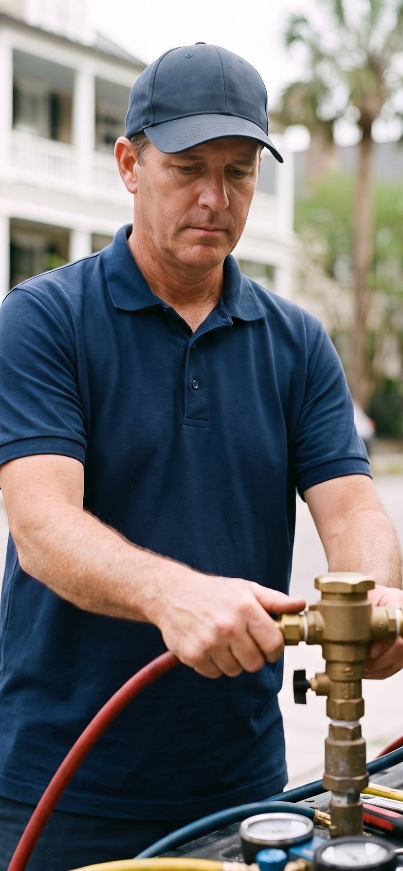 Local professional performing backflow testing on a water system.
