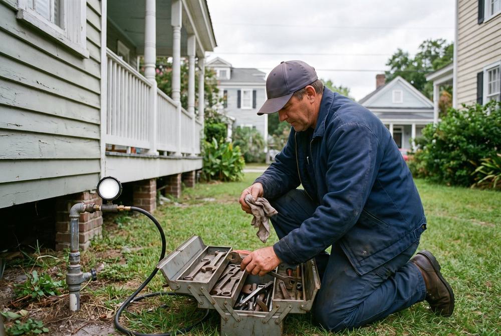 Certified backflow tester testing a backflow prevention assembly on a residential irrigation line in Daniel Island, SC