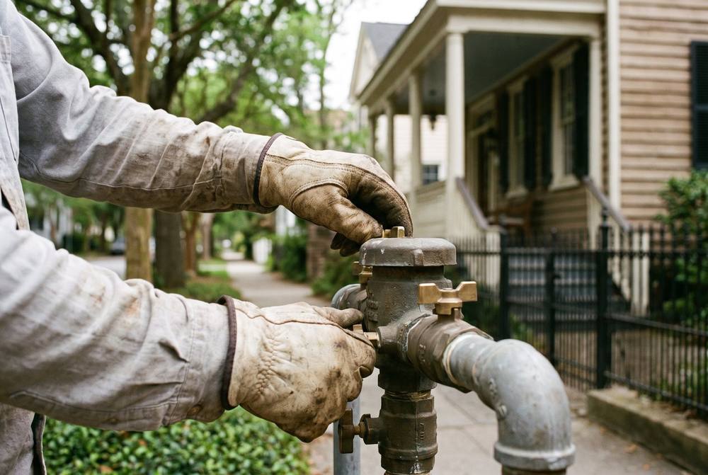 Certified backflow tester connecting test gauges to a backflow prevention assembly at a home in Johns Island, SC